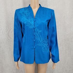 Adrianna Papell Silk Blue Floral  Embroidered Women's Blazer Jacket Y2K